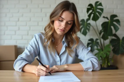 Jeune femme signant une lettre de déménagement dans un appartement