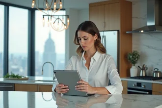 Femme professionnelle utilisant une tablette pour une estimation immobilière