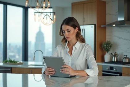 Femme professionnelle utilisant une tablette pour une estimation immobilière