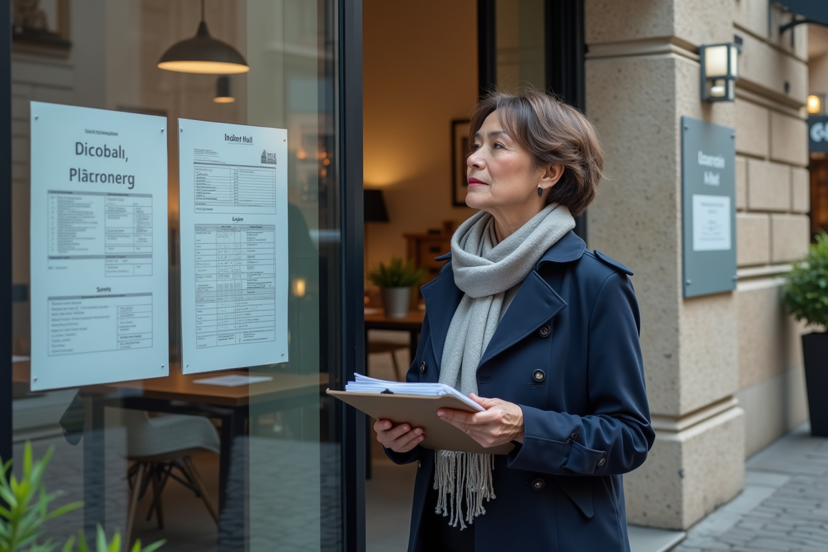 Femme en trench bleu examinant un permis en ville