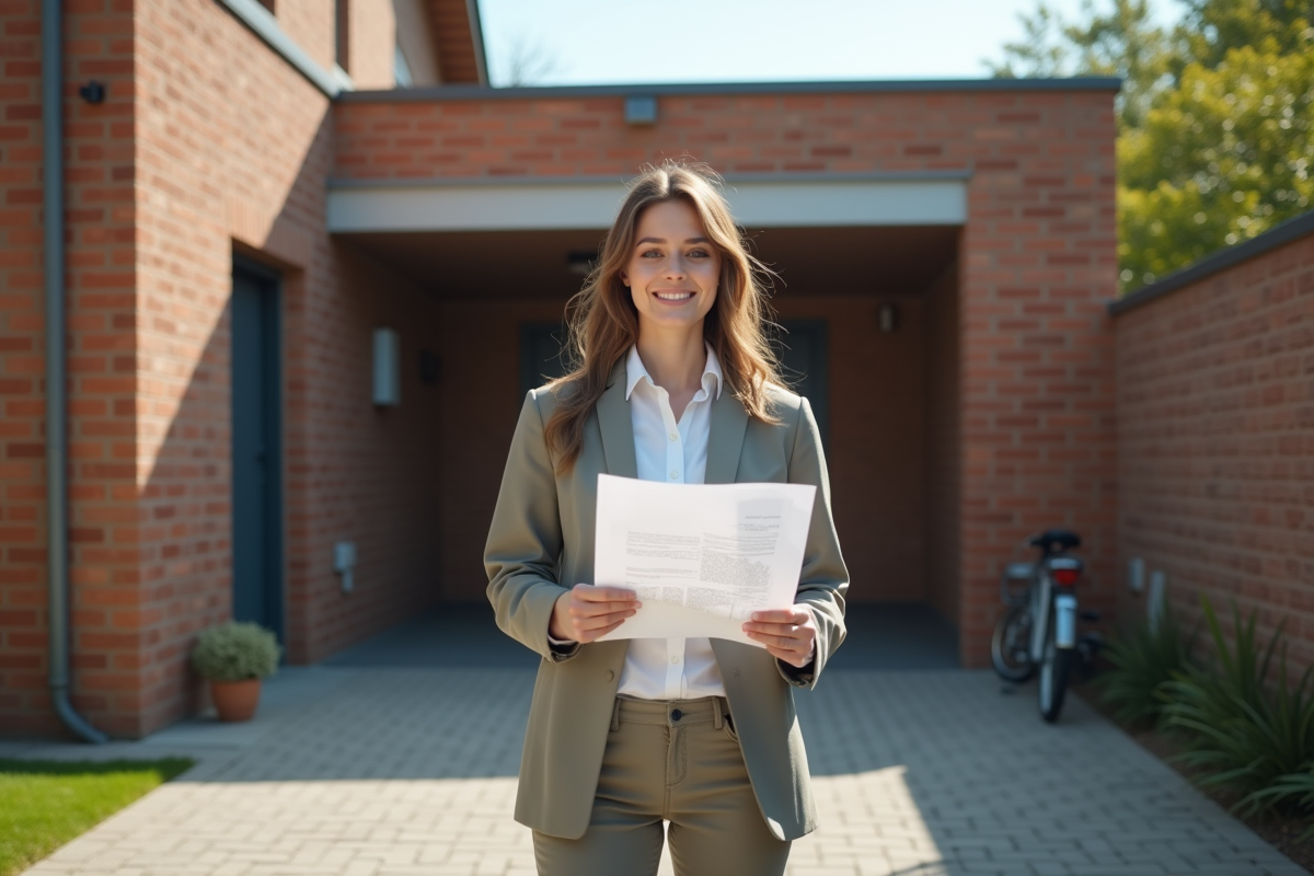 Femme examinant un garage récent devant sa maison