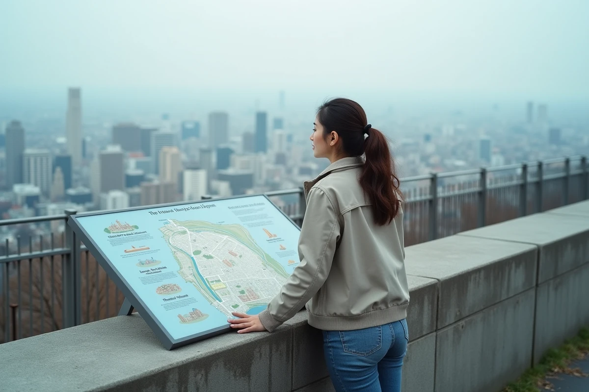Jeune femme regardant la ville avec overlays urbains