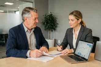Conseiller bancaire et client discutant d'un financement immobilier autour de documents hypothécaires dans une agence moderne