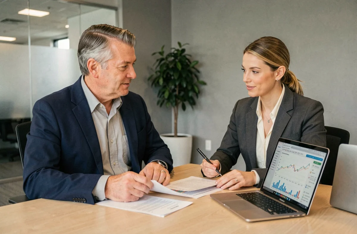 Conseiller bancaire et client discutant d'un financement immobilier autour de documents hypothécaires dans une agence moderne