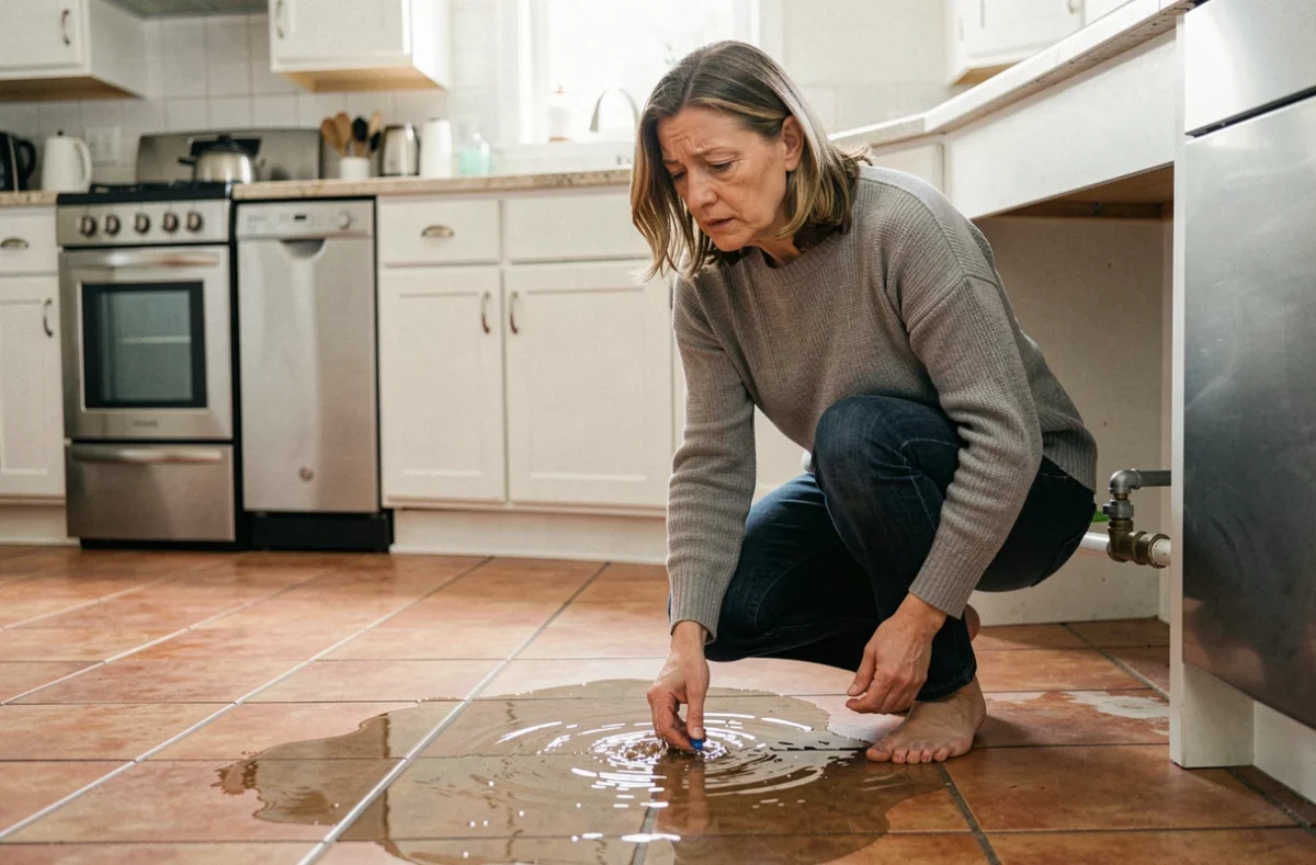 Femme découvrant une fuite d'eau sous l'évier de sa cuisine inondée, illustrant un sinistre couvert par l'assurance habitation
