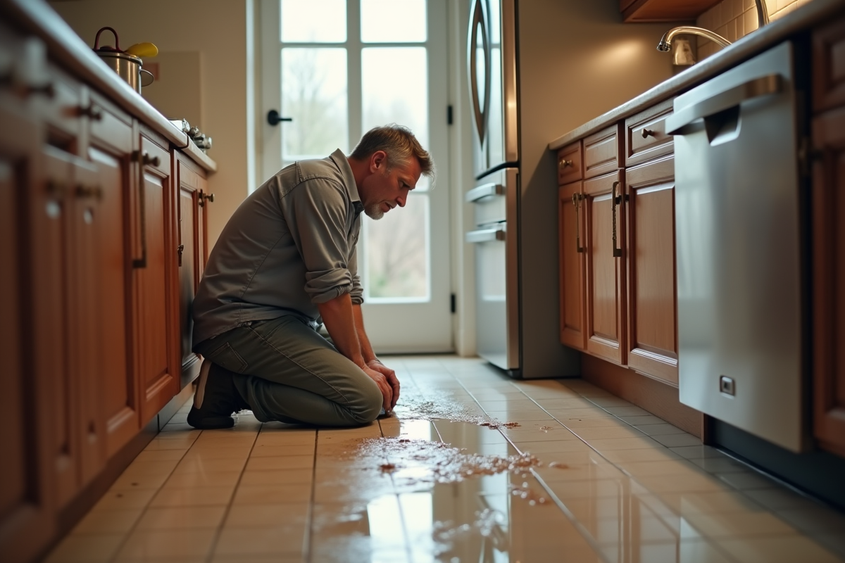 Homme inquiet inspectant une fuite d'eau sous l'évier de cuisine