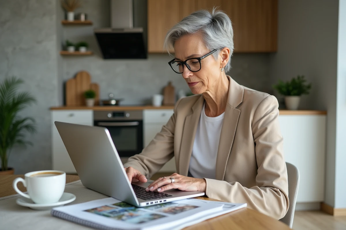 Femme consultant une revue foncière en ligne depuis son domicile pour optimiser sa stratégie patrimoniale