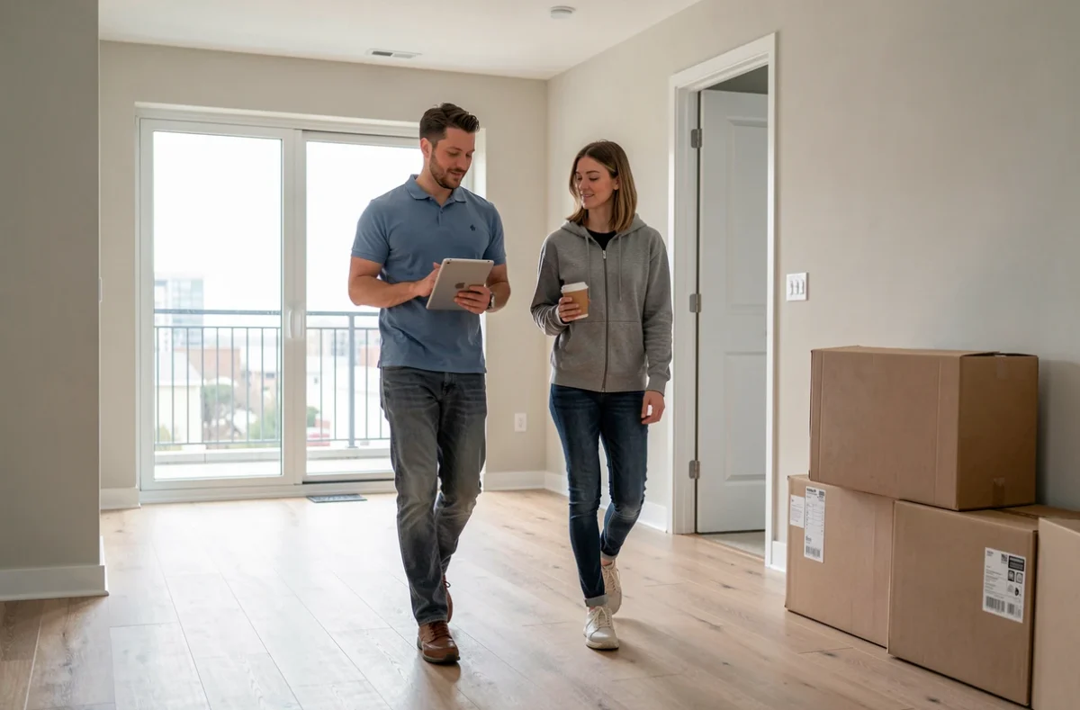 Gestionnaire et locataire réalisant un état des lieux dans un appartement