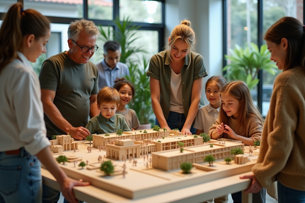 Groupe divers d'adultes et enfants autour d'un modele d'ecodistrict