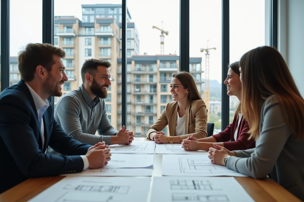 Groupe de jeunes professionnels discutant de plans immobiliers