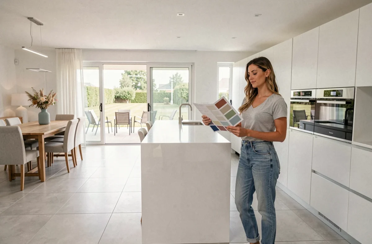 Intérieur lumineux d'une maison individuelle neuve Habitat Concept avec cuisine ouverte en Côte-d'Or
