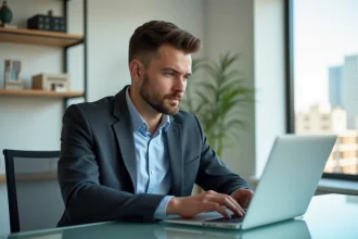 Homme d'affaires analysant des données CRM dans un bureau immobilier