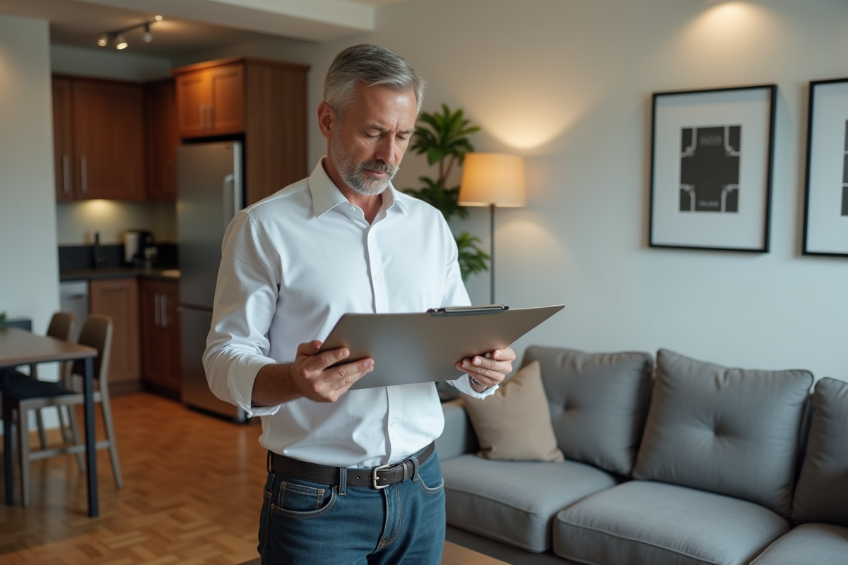 Homme d'affaires dans un appartement moderne en train de revoir des documents