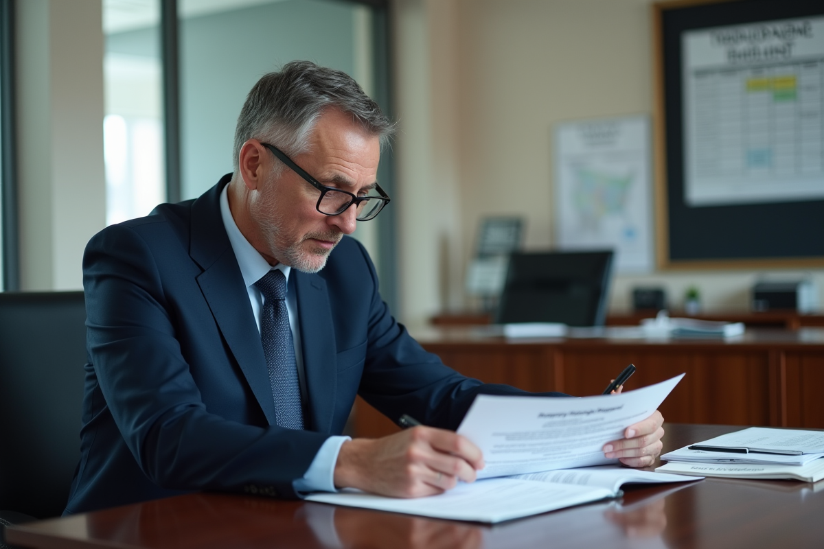 Homme d affaires en costume étudie documents d encheres immobilières