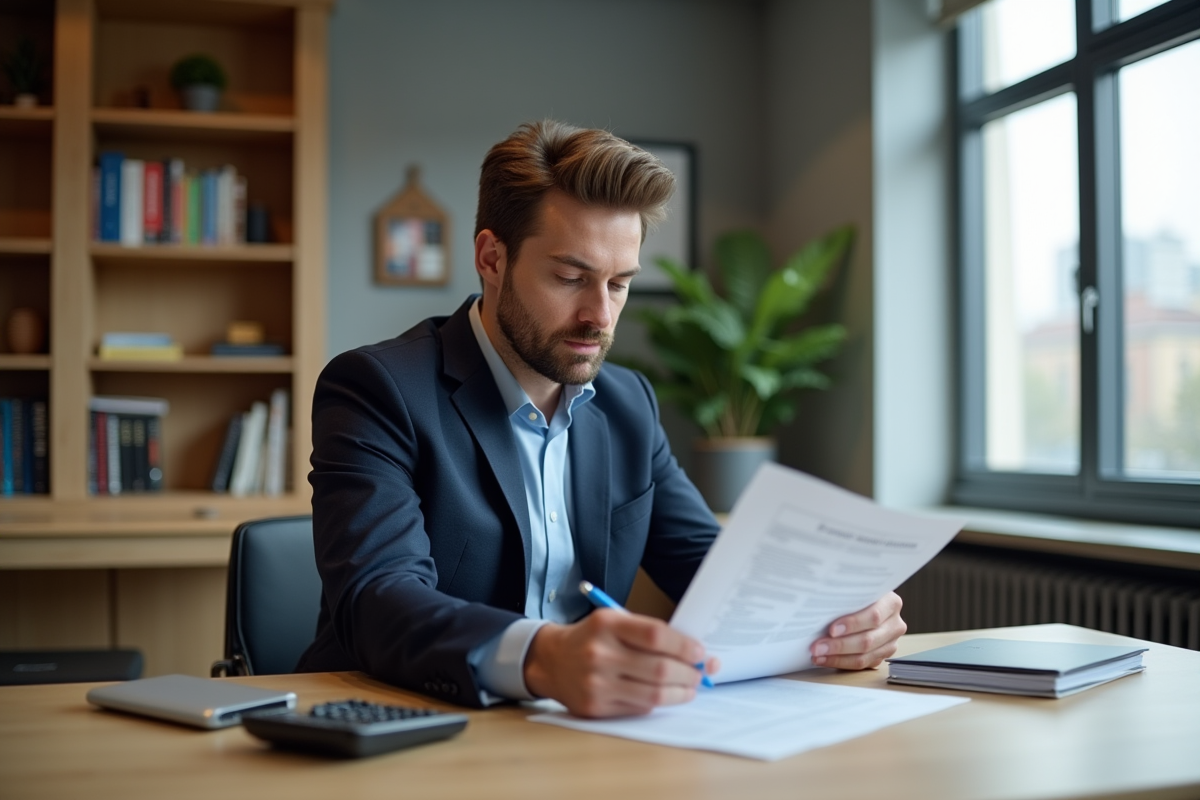 Homme d'affaires en tenue professionnelle examine des documents