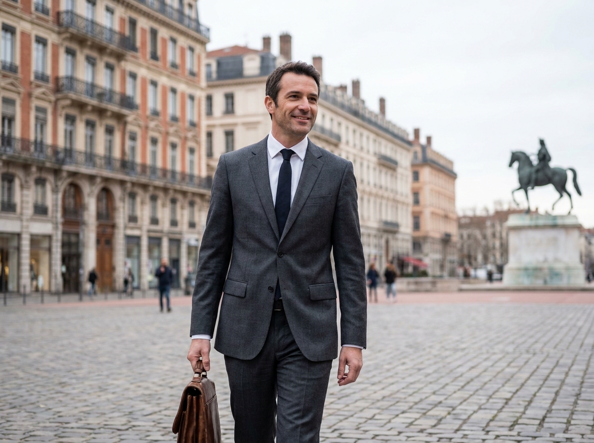 Homme d'affaires en costume marchant Place Bellecour à Lyon, symbole de l'attractivité économique de la ville