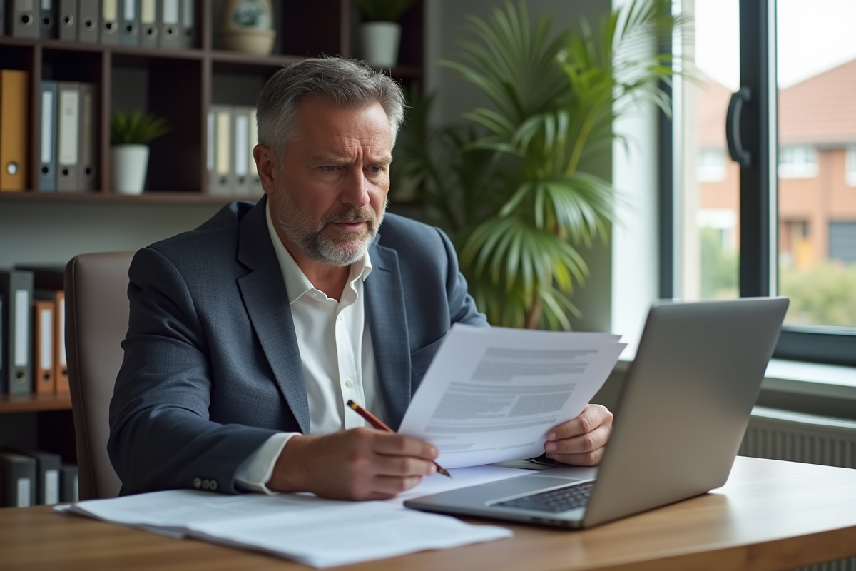 Homme d'affaires en bureau étudiant des documents de prêt immobilier
