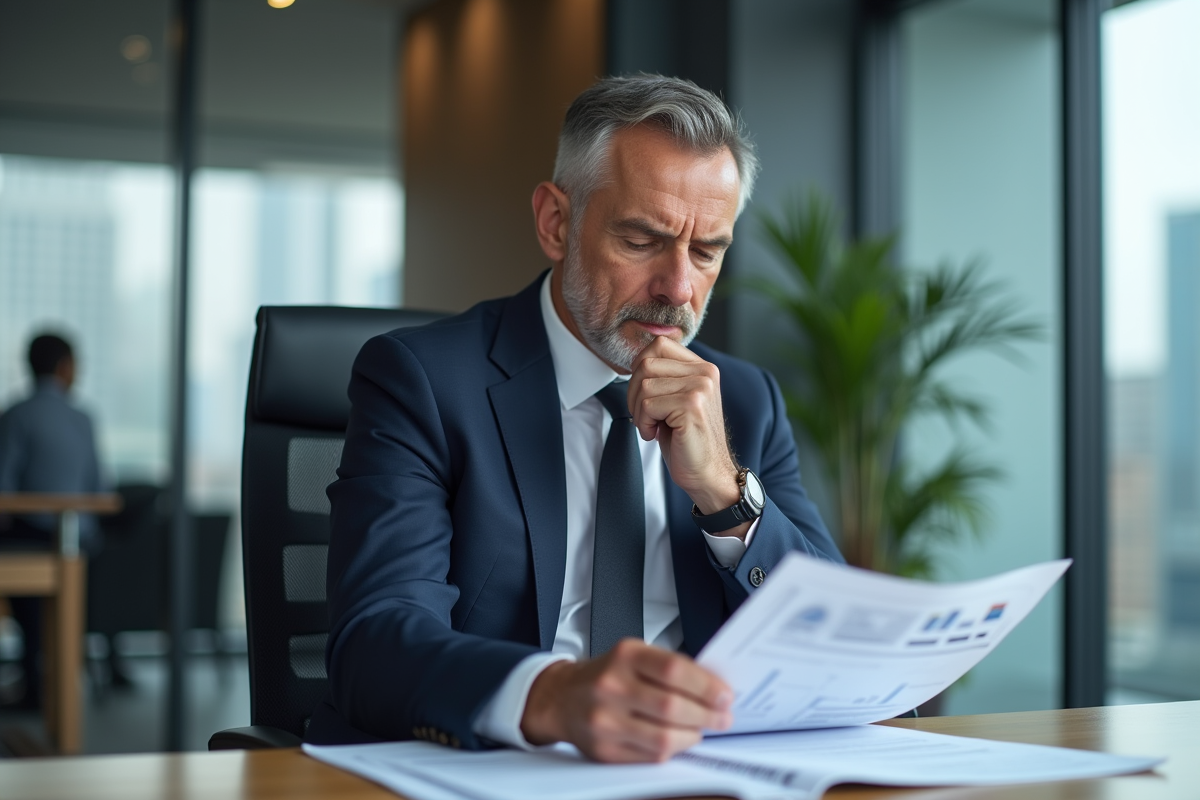 Homme d'affaires en costume examine un rapport d'investissement