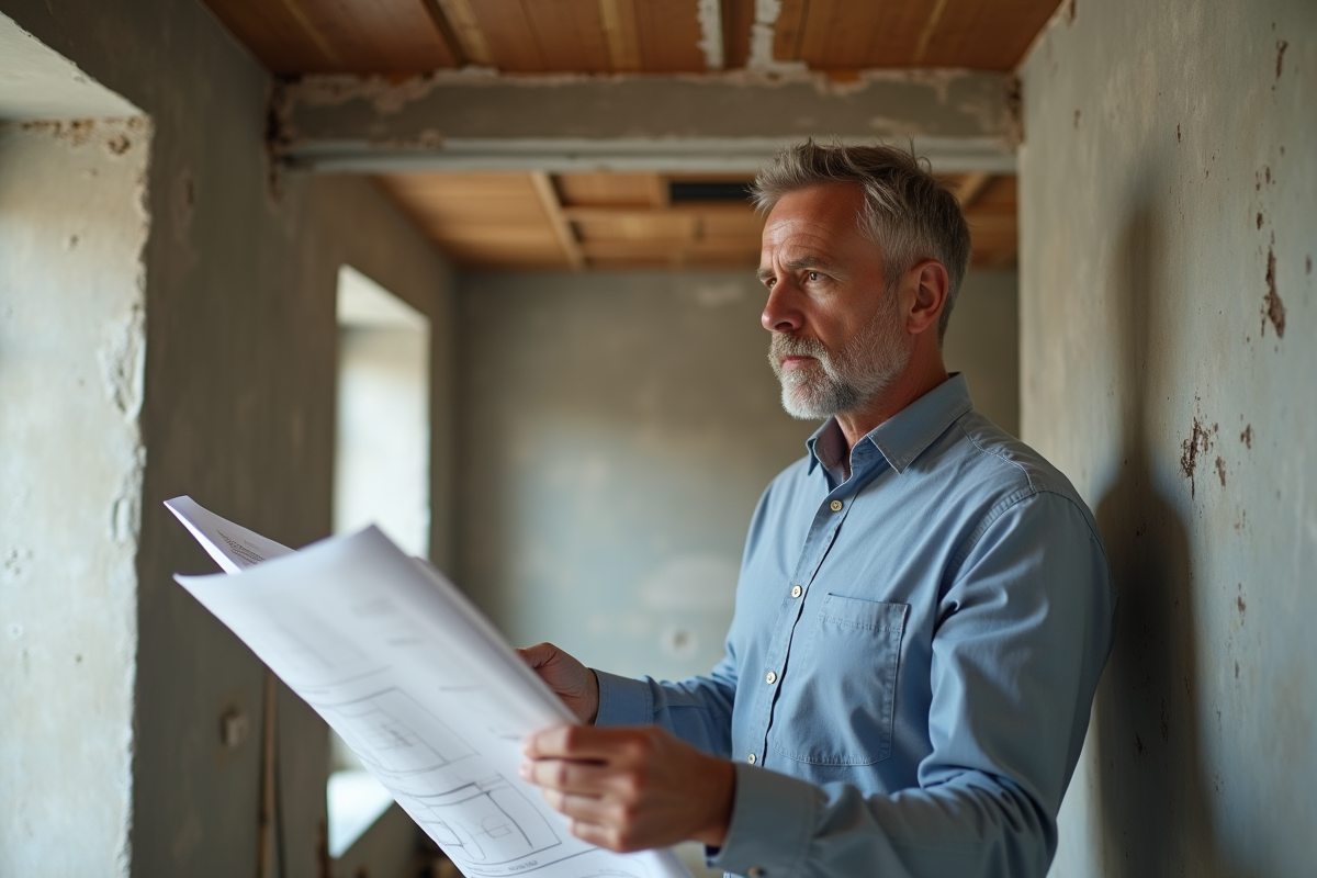 Homme d'âge moyen examinant des plans dans une maison