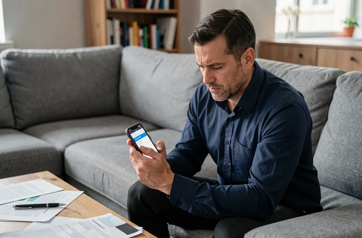 Homme consultant une comparaison d'assurance habitation moins chère sur son smartphone dans un salon