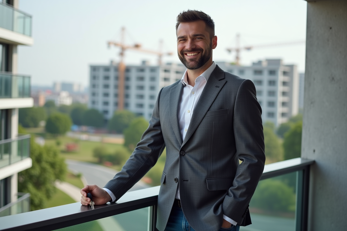 Homme souriant tenant des clés devant un appartement moderne
