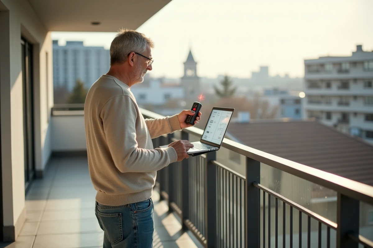 Homme utilisant un laser pour mesurer un balcon urbain