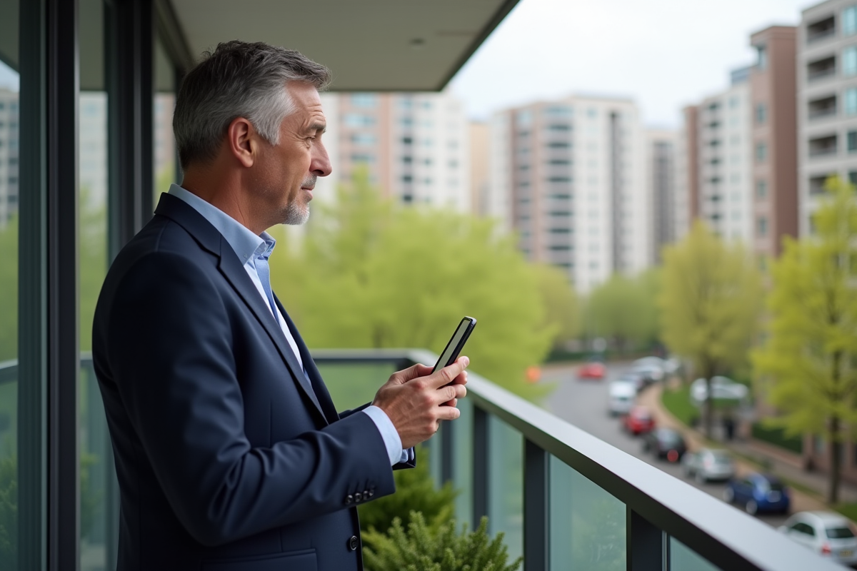 Homme regardant des photos immobilières sur son smartphone en balcon