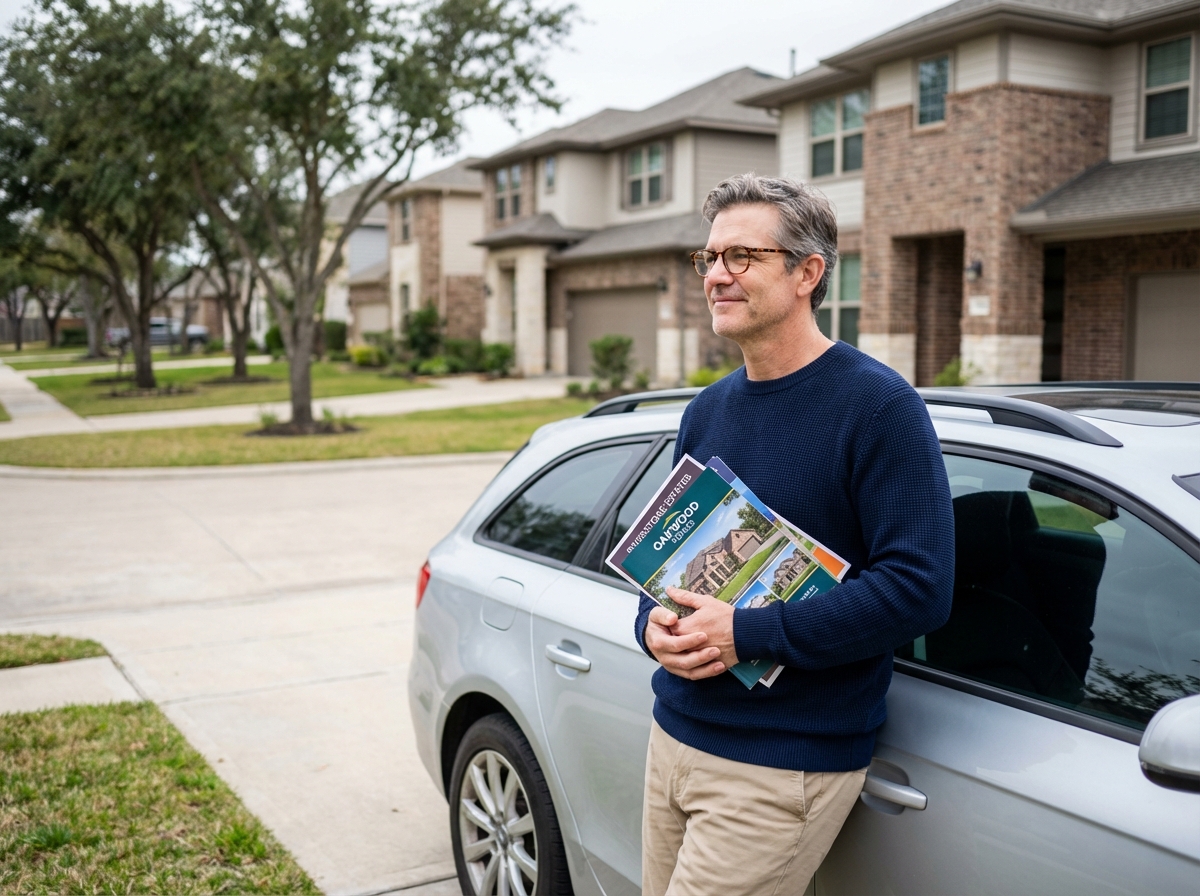 Homme souriant tenant des brochures de construction devant sa maison