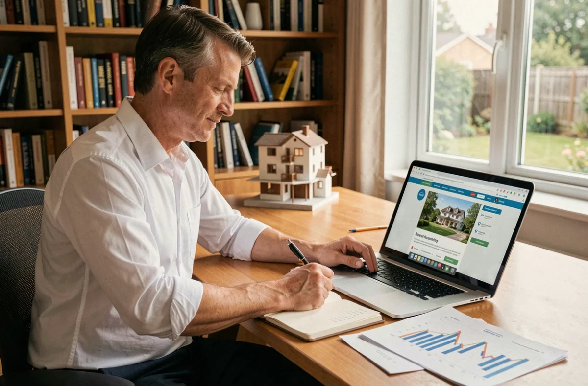 Homme travaillant sur un projet immobilier depuis son bureau à domicile avec documents et ordinateur portable