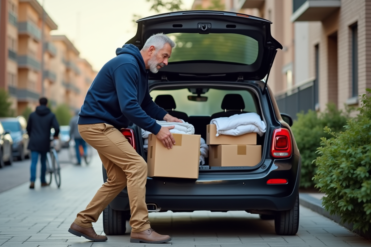 Homme chargeant des cartons dans une voiture en ville