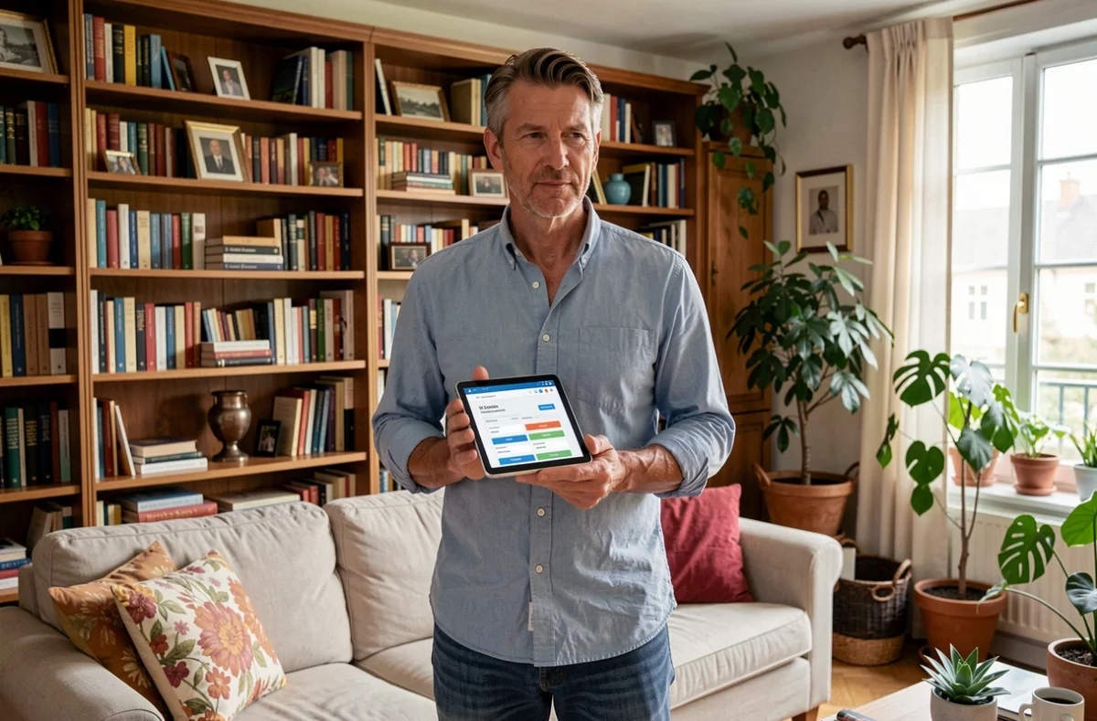 Homme comparant des offres d'assurance habitation sur tablette dans son salon
