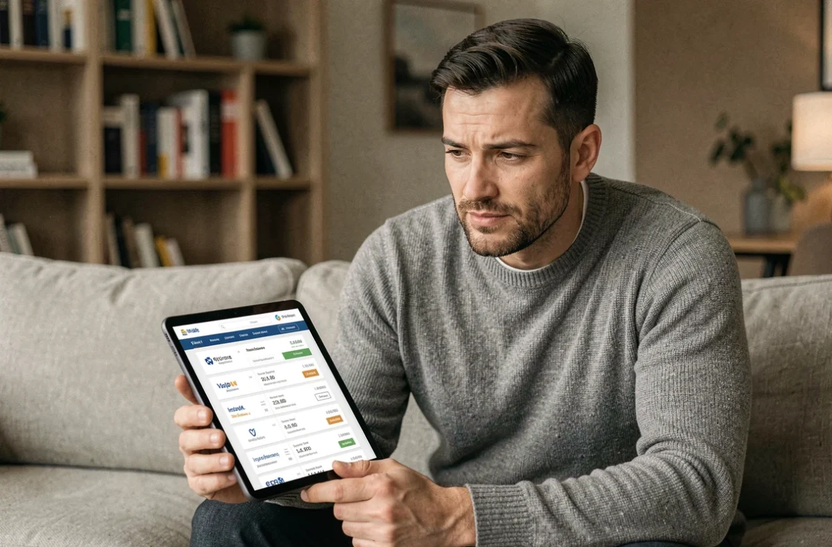 Homme consultant un comparateur d'assurance habitation sur une tablette dans son salon moderne