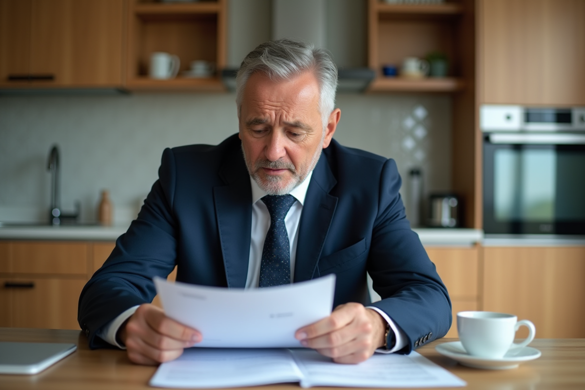 Homme d'affaires examinant un contrat de location dans une cuisine