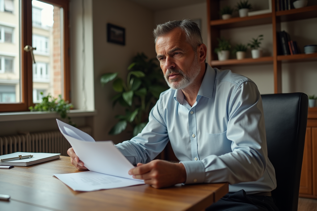 Homme d'âge moyen examinant des documents dans un appartement
