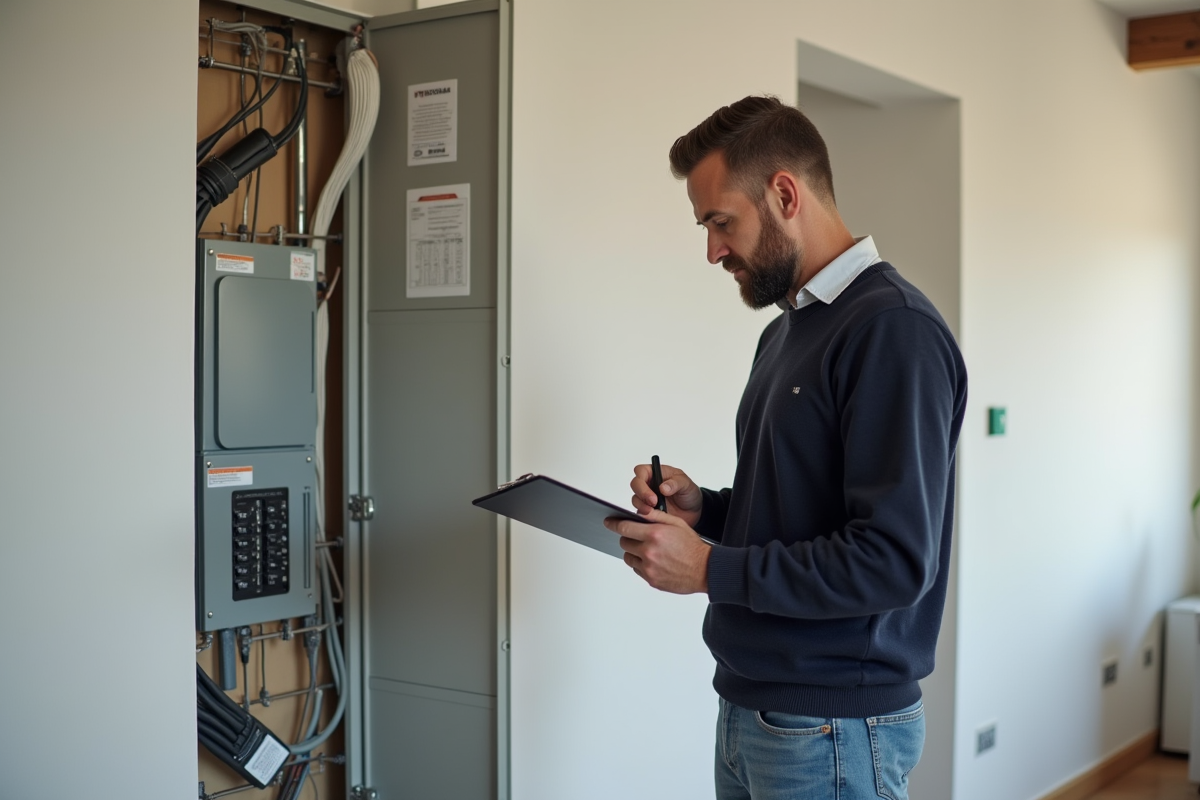 Homme d'âge moyen étudie un panneau électrique dans une maison moderne