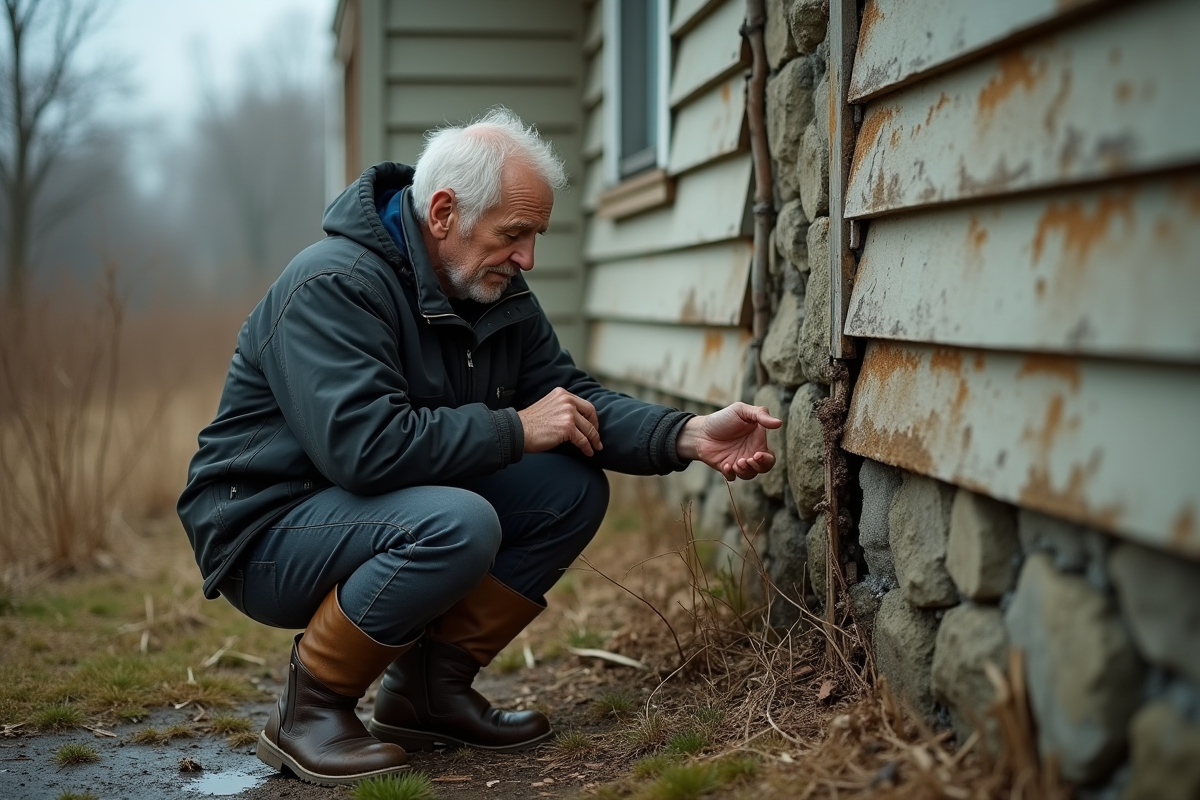 Homme age en vetements de travail examine une fondation abimee