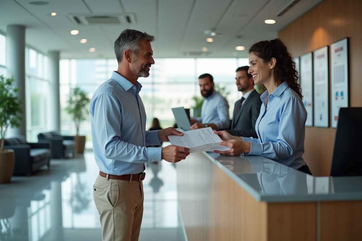 Homme remettant des formulaires de demenagement à un agent dans un bureau moderne