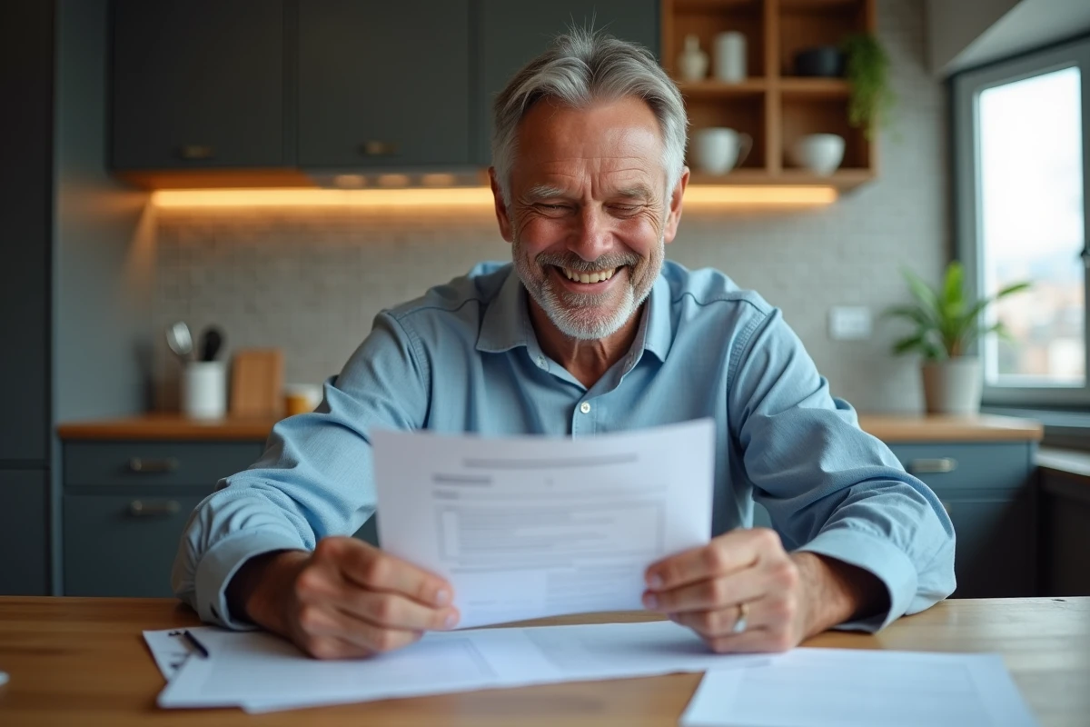 Homme d age moyen examinant des documents dans la cuisine