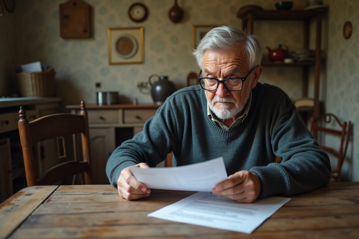 Homme âgé lisant des documents dans la cuisine vintage
