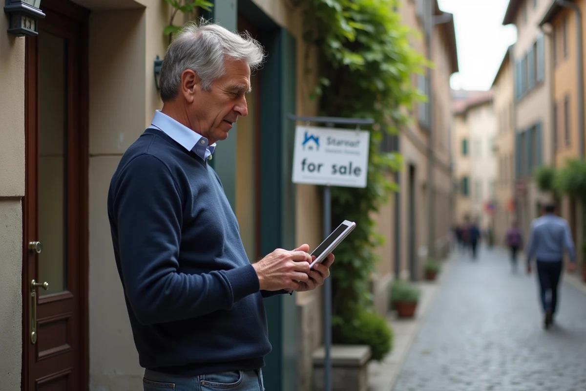 Homme regarde une maison a Lyon avec une tablette d estimation immobiliere