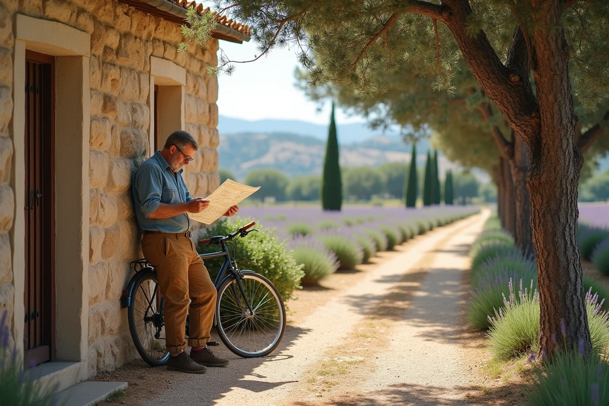 Homme consultant une carte devant un mas en pierre isolé entouré de champs de lavande et d'oliviers dans la campagne provençale