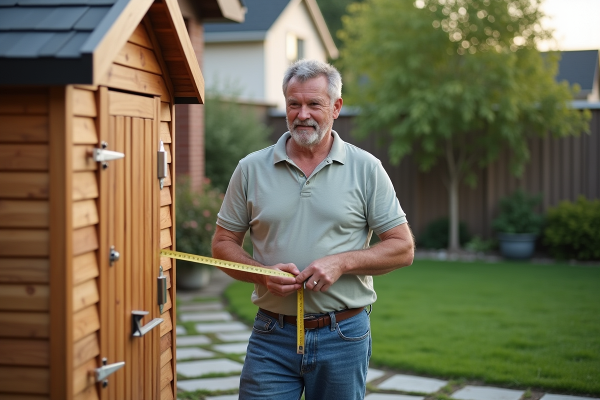Homme mesurant un petit abri de jardin en extérieur