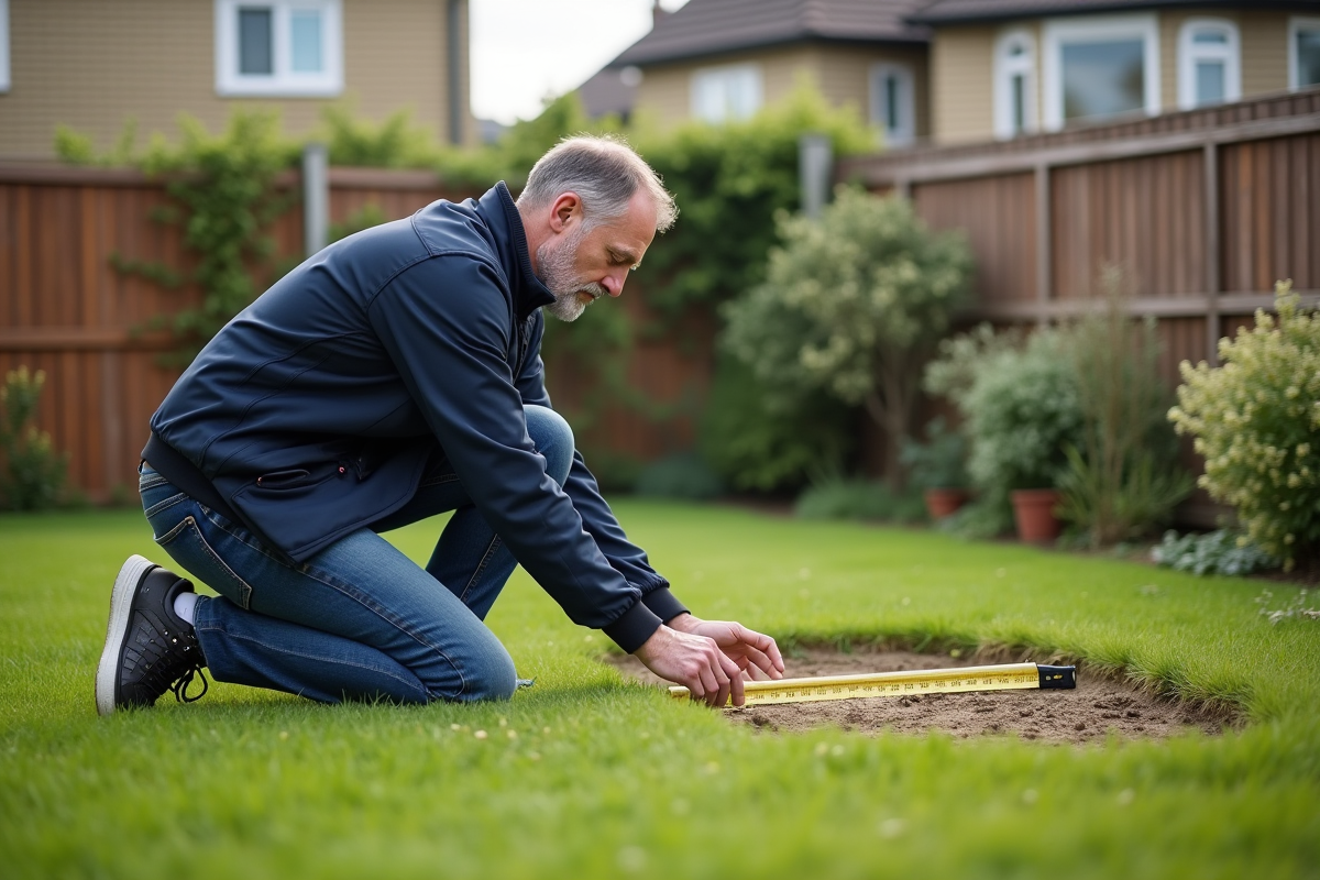 Homme mesurant un futur abri de jardin dans un jardin