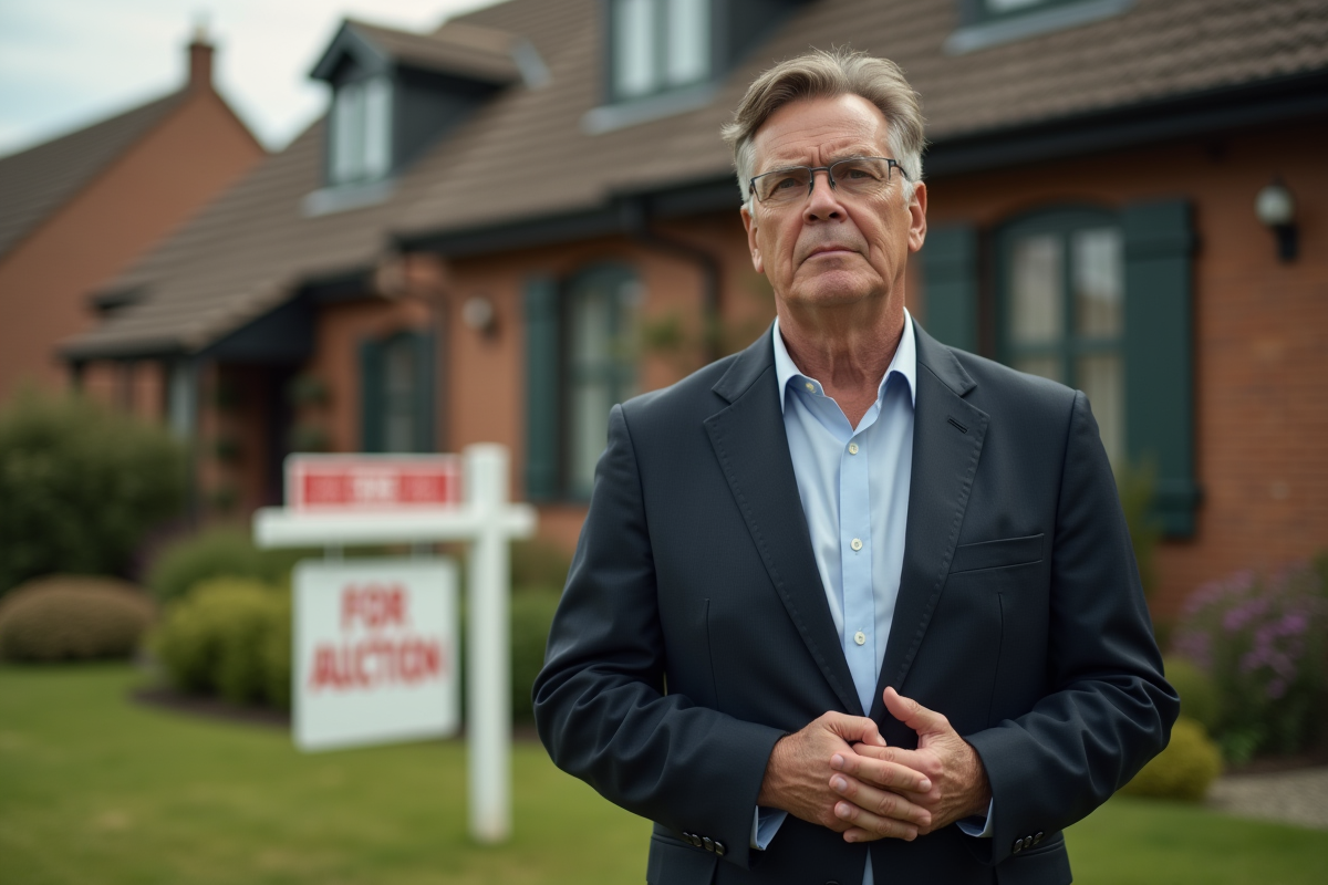 Homme anxieux devant maison en vente aux enchères