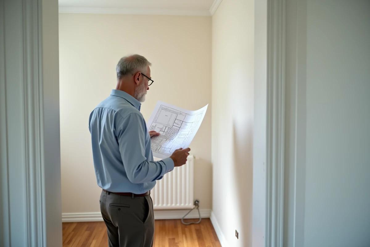 Homme examinant un plan dans une petite chambre d appartement