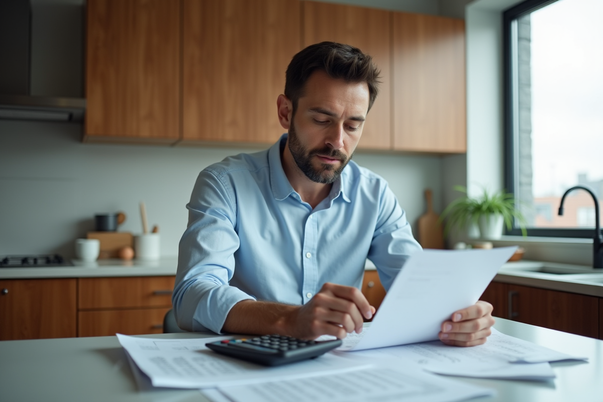 Homme en costume léger examine des documents de prêt immobilier