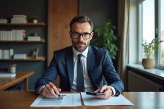 Homme professionnel en costume regardant des documents de prêt immobilier