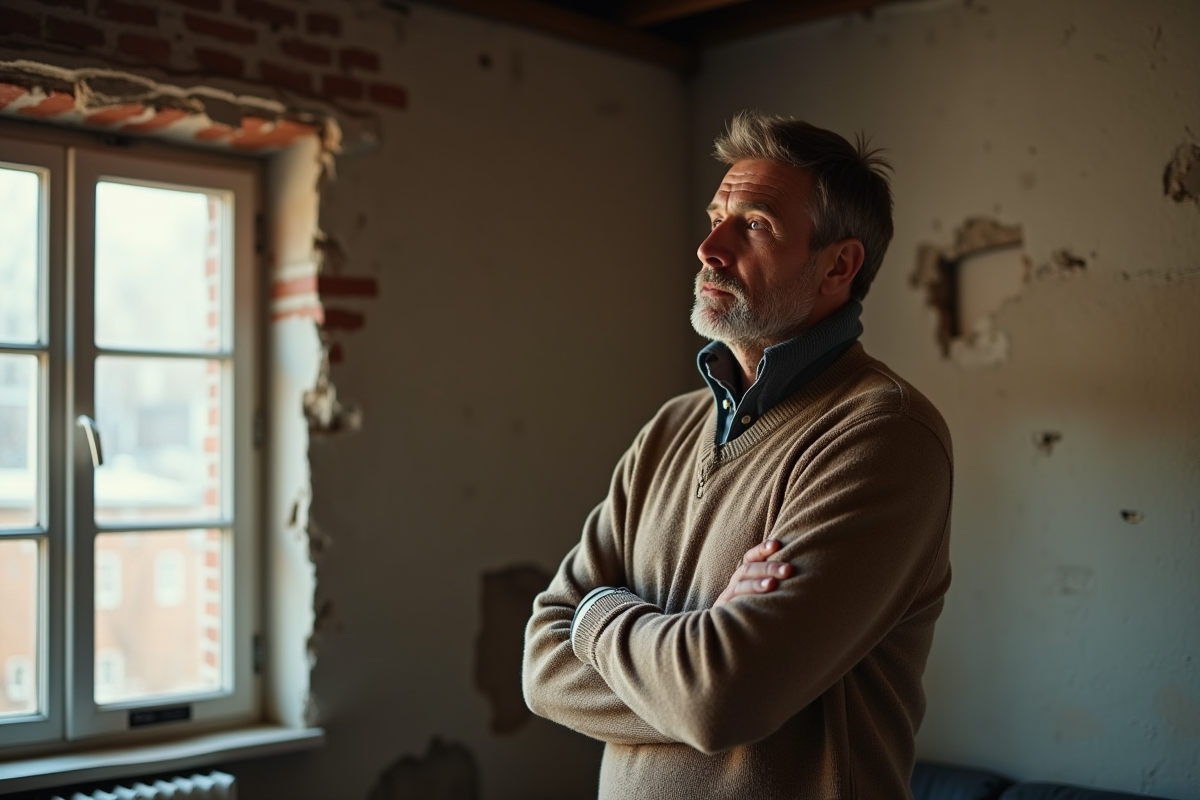 Homme propriétaire regarde un mur mal isolé intérieur
