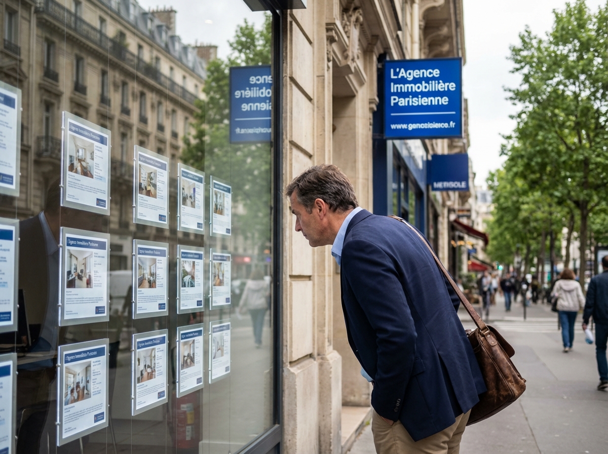 Homme lisant annonces immobilières dans une agence parisienne
