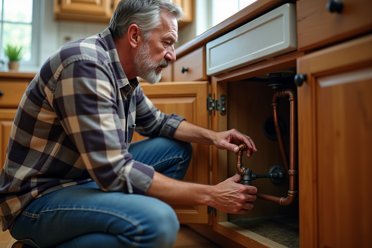Homme d'âge moyen examine tuyaux en cuivre sous un évier de cuisine
